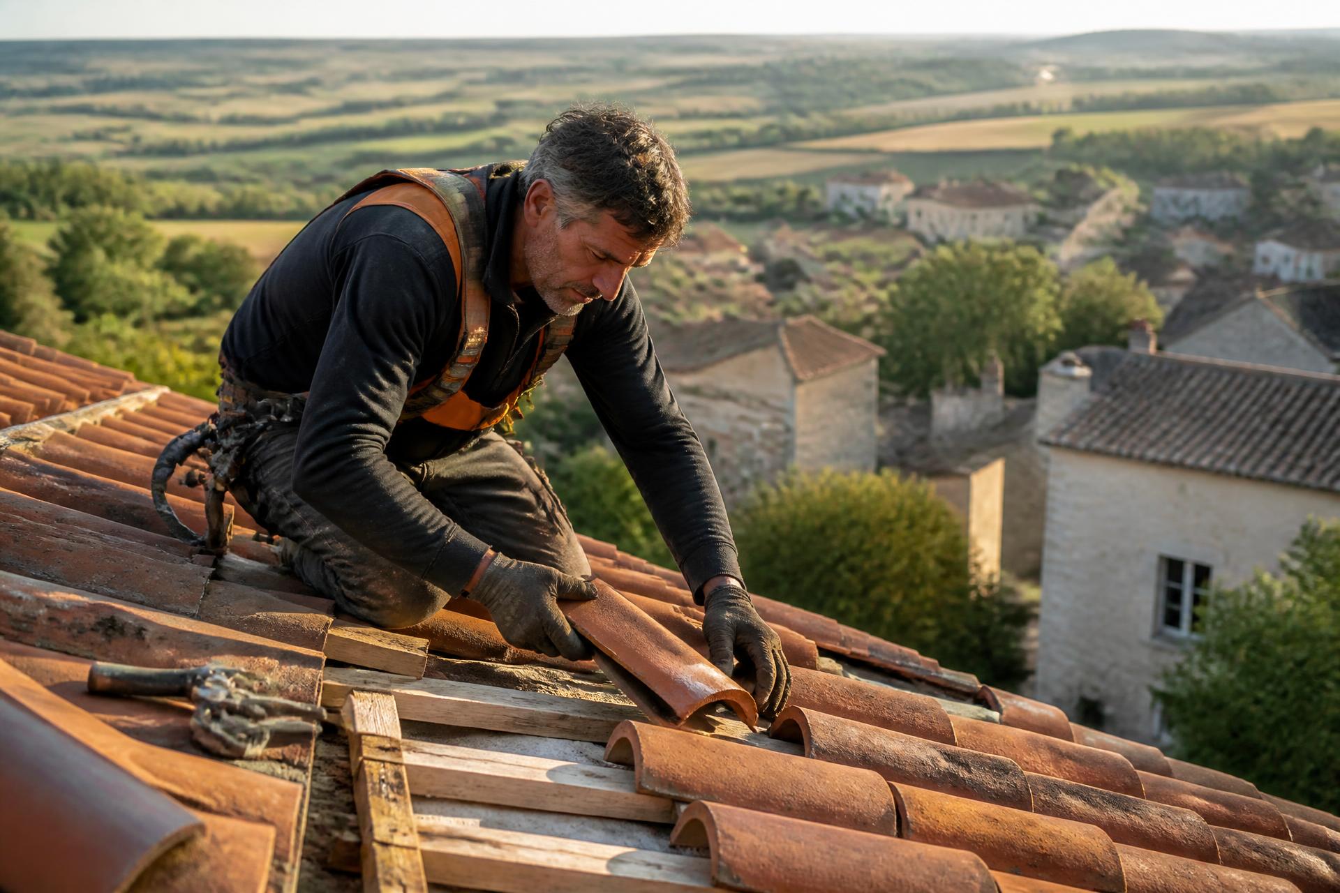 Couvreur au travail sur une toiture en tuiles canal dans le Tarn-et-Garonne
